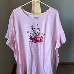 Women’s Graphic Tee Shirt 3X Coffee Tea Cups Hearts Valentine’s Love Soft Pink